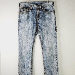 True Religion Jeans 34x32 Blue Acid Wash Straight Leg Flap Denim Jeans Pants